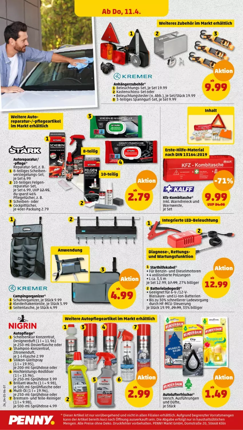 Aktueller Prospekt Penny - Prospekte - von 08.04 bis 13.04.2024 - strona 26 - produkty: Anhänger, auto, batterie, batterien, beleuchtung, Diesel, eis, elle, felgen, flasche, Hakenleiste, kleid, kleider, ladegerät, led-beleuchtung, LG, lufterfrischer, reiniger, Ria, shampoo, sprühflasche, Tasche, Ti, topf, tücher, Warndreieck, Warnweste, Weste, Zangen, zitrone, zitronen