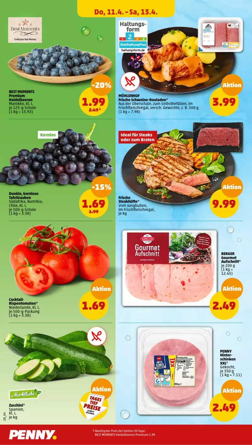 Aktueller Prospekt Penny - Prospekte - von 08.04 bis 13.04.2024 - strona 28 - produkty: aufschnitt, beere, beeren, Berger, braten, cocktail, eis, fleisch, heidelbeere, heidelbeeren, jungbullen, regal, reis, rispentomaten, rouladen, Schal, Schale, schinken, schwein, schweine, steak, steaks, tafeltrauben, tomate, tomaten, trauben, wein, weine, ZTE