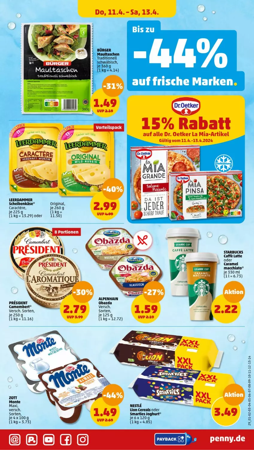 Aktueller Prospekt Penny - Prospekte - von 08.04 bis 13.04.2024 - strona 29 - produkty: ACC, Alpenhain, caffe, cereals, chia, Dr. Oetker, gin, Käse, latte, lion, mac, macchiato, maultaschen, monte, starbucks, Tasche, taschen, Ti, zott