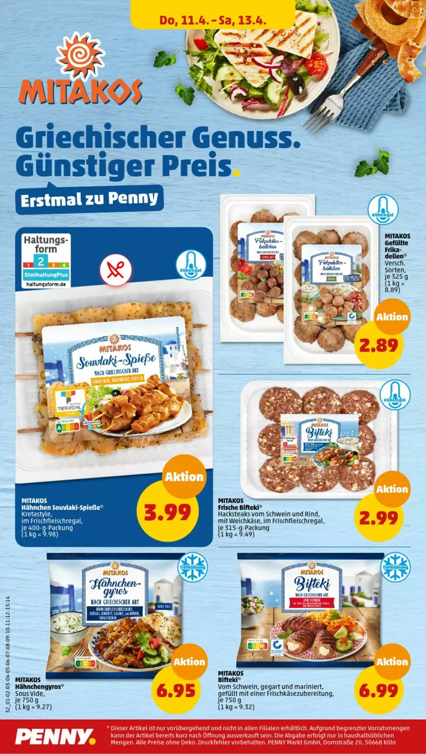 Aktueller Prospekt Penny - Prospekte - von 08.04 bis 13.04.2024 - strona 32 - produkty: bifi, Bifteki, dell, eis, elle, fleisch, frikadellen, frischkäse, frischkäsezubereitung, gyros, Hähnchengyros, Käse, LG, regal, rind, schwein, schwein und rind, steak, steaks, tee, vom schwein und rind, weichkäse, wein