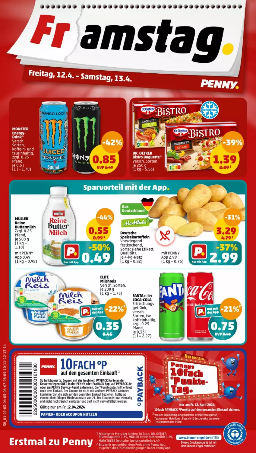 Aktueller Prospekt Penny - Prospekte - von 08.04 bis 13.04.2024 - strona 38 - produkty: auer, butter, buttermilch, coca-cola, cola, coupon, eis, Engel, erde, fanta, fanta oder, getränk, HDD, kartoffel, kartoffeln, LG, milch, milchreis, Müller, papier, payback, reis, speisekartoffeln, Ti