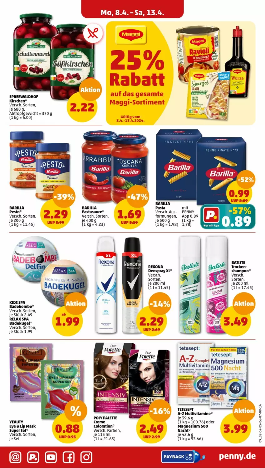 Aktueller Prospekt Penny - Prospekte - von 08.04 bis 13.04.2024 - strona 9 - produkty: Bad, barilla, creme, deo, deospray, eis, kirsch, kirsche, kirschen, Kraut, Kugel, magnesium, Palette, pasta, payback, pesto, rel, rexona, sauce, shampoo, spreewaldhof, Ti, vita, Vitamine