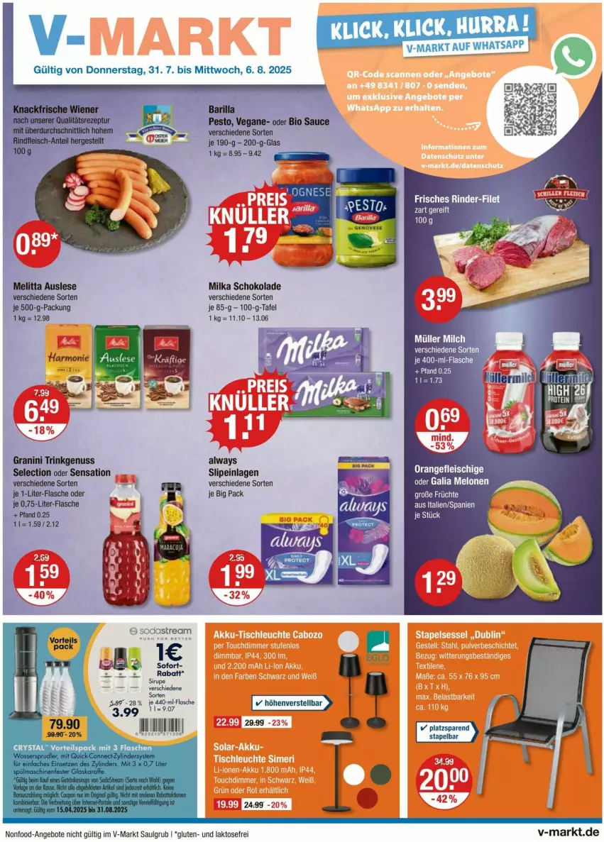Aktueller Prospekt Vmarkt - Prospekte - von 31.07 bis 06.08.2025 - strona 1 - produkty: angebot, angebote, eis, filet, flasche, fleisch, galia melonen, LG, melone, melonen, milka, milka schokolade, orange, rind, rinder, schoko, schokolade, slip, slipeinlagen, Ti