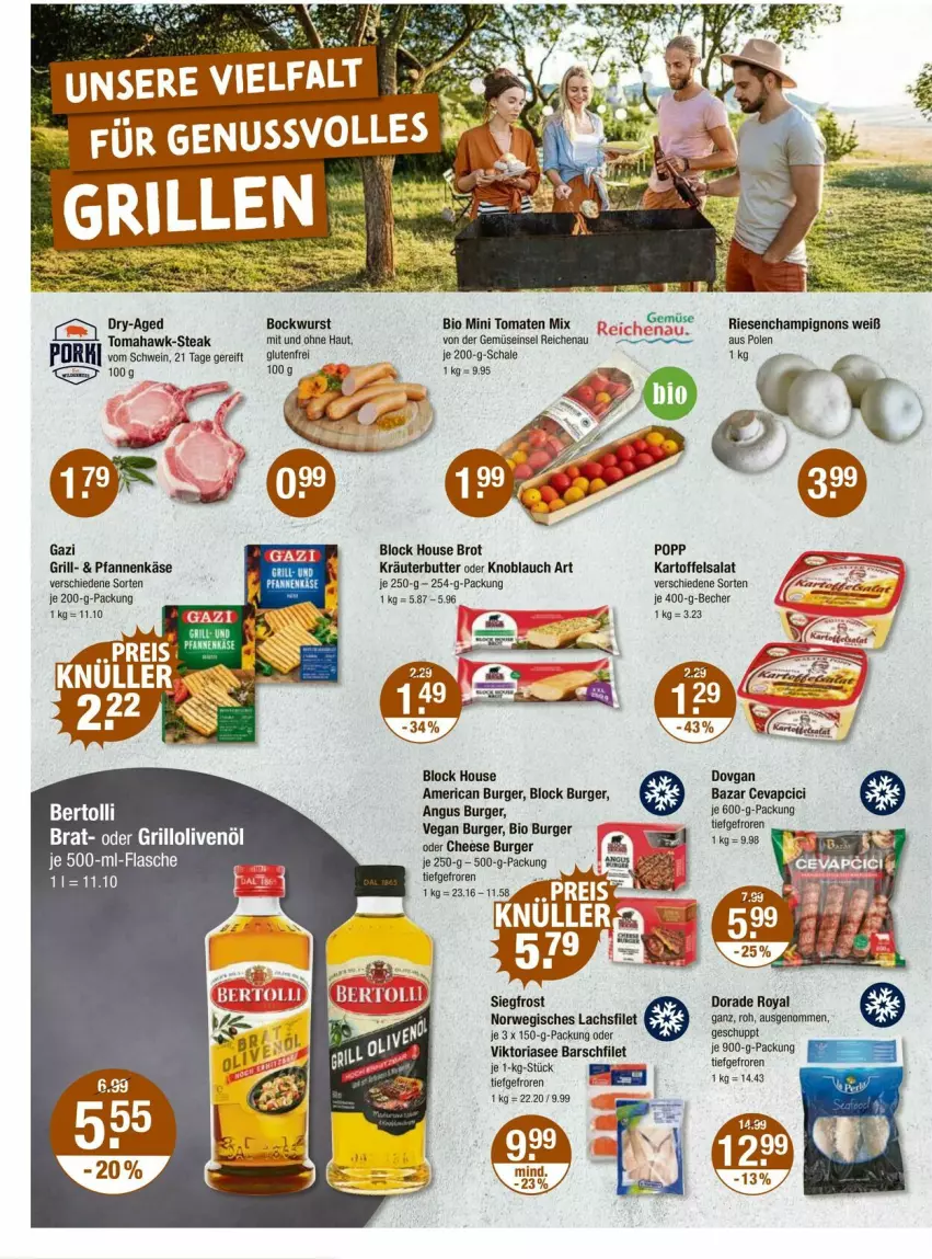 Aktueller Prospekt Vmarkt - Prospekte - von 31.07 bis 06.08.2025 - strona 12 - produkty: Becher, bertolli, bio, bockwurst, brot, burger, butter, champignon, champignons, Dorade, dorade royal, dovgan, filet, flasche, grill, je 500-ml-flasche, kartoffel, kartoffelsalat, Käse, knoblauch, kräuter, kräuterbutter, lachs, lachsfilet, pfanne, pfannen, pfannenkäse, Popp, Ria, rwe, salat, Schal, Schale, schwein, steak, Ti, tomate, tomaten, wein, wurst