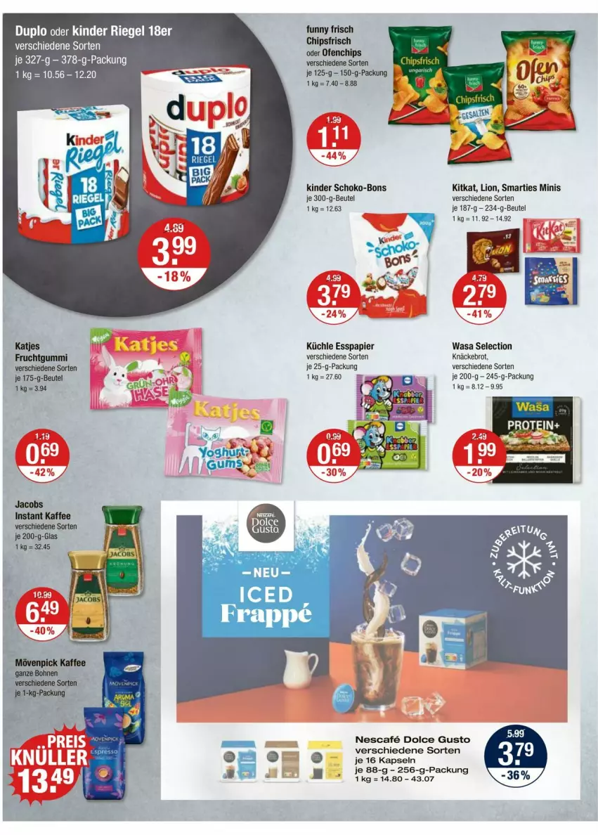 Aktueller Prospekt Vmarkt - Prospekte - von 31.07 bis 06.08.2025 - strona 8 - produkty: beutel, brot, chips, chipsfrisch, dolce gusto, duplo, Funny Frisch, Kinder, kinder riegel, kitkat, knäckebrot, lion, nescafe, Ofen, papier, riegel, schoko, schoko-bons, smarties, Ti, wasa