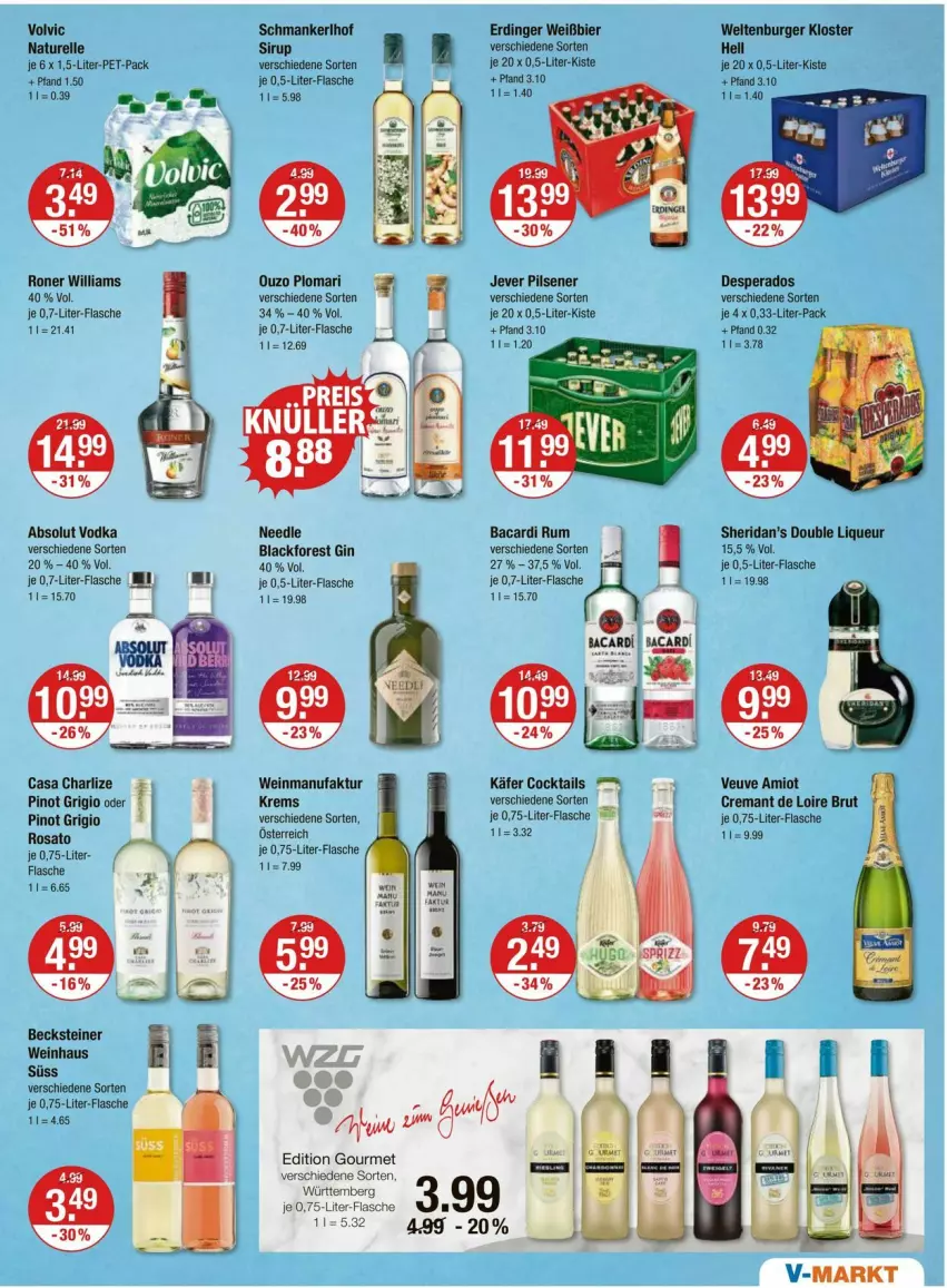 Aktueller Prospekt Vmarkt - Prospekte - von 31.07 bis 06.08.2025 - strona 9 - produkty: Absolut Vodka, bacardi, bacardi rum, becks, becksteiner, bier, brut, burger, cocktail, cocktails, desperados, elle, erdinger, Faktu, flasche, gin, jever, jever pilsener, käfer, lack, liqueur, natur, ouzo, pils, pilsener, Pinot, pinot grigio, rel, rosato, rum, sirup, steiner, Ti, vodka, volvic, wein