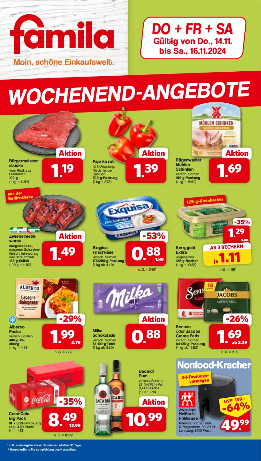 Aktueller Prospekt Famila - Prospekte - von 14.11 bis 16.11.2024 - strona 1 - produkty: Becher, coca-cola, cola, crema pads, eis, elle, exquisa, exquisa frischkäse, flasche, fleisch, frischkäse, fritteuse, Germ, Heißluftfritteuse, jacobs, Jacobs Crema, Käse, kerrygold, kerrygold extra, kracher, Meister, Mett, mettwurst, milka, milka schokolade, mühlen schinken, oder jacobs, paprika, paprika rot, pasta, reis, rind, rügenwalder, rügenwalder mühle, rum, salz, schinken, schoko, schokolade, schwein, schweine, schweinefleisch, senseo, Streichzart, teller, Ti, Tiere, wein, weine, wurst, ZTE, zwiebel, zwiebelmettwurst