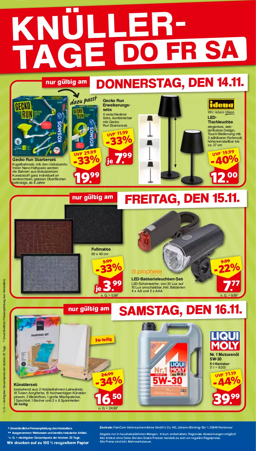 Aktueller Prospekt Famila - Prospekte - von 14.11 bis 16.11.2024 - strona 2 - produkty: batterie, batterien, Becher, bio, Bleistift, bleistifte, eis, elle, erde, Fußmatte, Holz, HP, Kugel, Kugelbahn, latte, Leuchte, leuchten, motorenöl, Palette, papier, Pinsel, Rauch, regal, reis, rwe, Schal, spachtel, stifte, teller, Ti, tisch, tischleuchte, ZTE