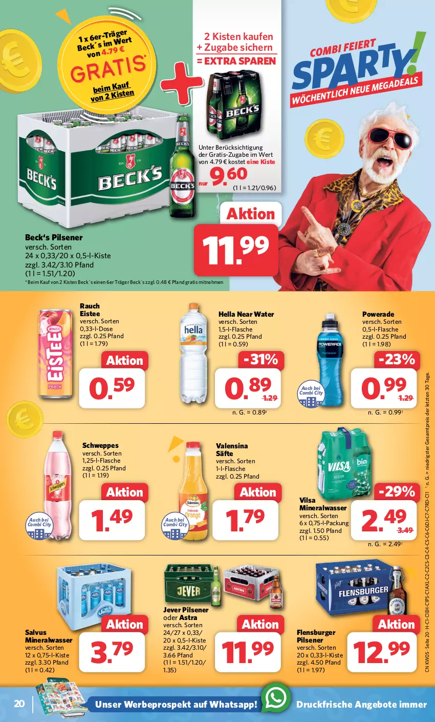 Aktueller Prospekt Combi - Prospekte - von 29.01 bis 03.02.2024 - strona 20 - produkty: Alwa, angebot, angebote, Astra, burger, eis, eistee, flasche, flensburger, hella, jever, jever pilsener, mineralwasser, pils, pilsener, Rauch, reis, säfte, schweppes, tee, Ti, valensina, vilsa, wasser, ZTE