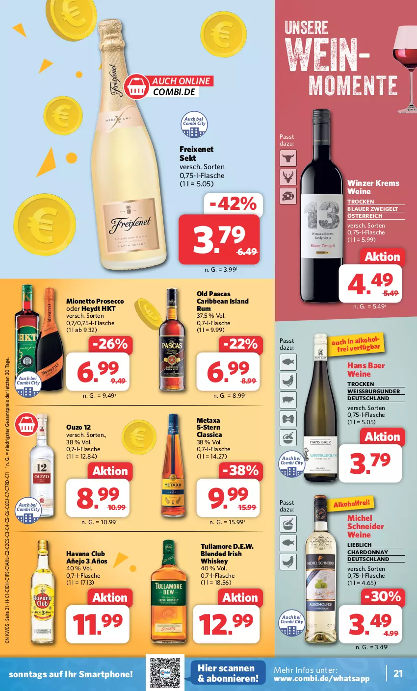 Aktueller Prospekt Combi - Prospekte - von 29.01 bis 03.02.2024 - strona 21 - produkty: alkohol, auer, blauer zweigelt, burgunder, chardonnay, ecco, eis, ente, flasche, freixenet, Havana Club, irish whiskey, Metaxa, Michel Schneider, mionetto, ouzo, ouzo 12, prosecco, reis, rum, sekt, smartphone, Ti, tullamore, wein, weine, whiskey, ZTE, Zweigelt