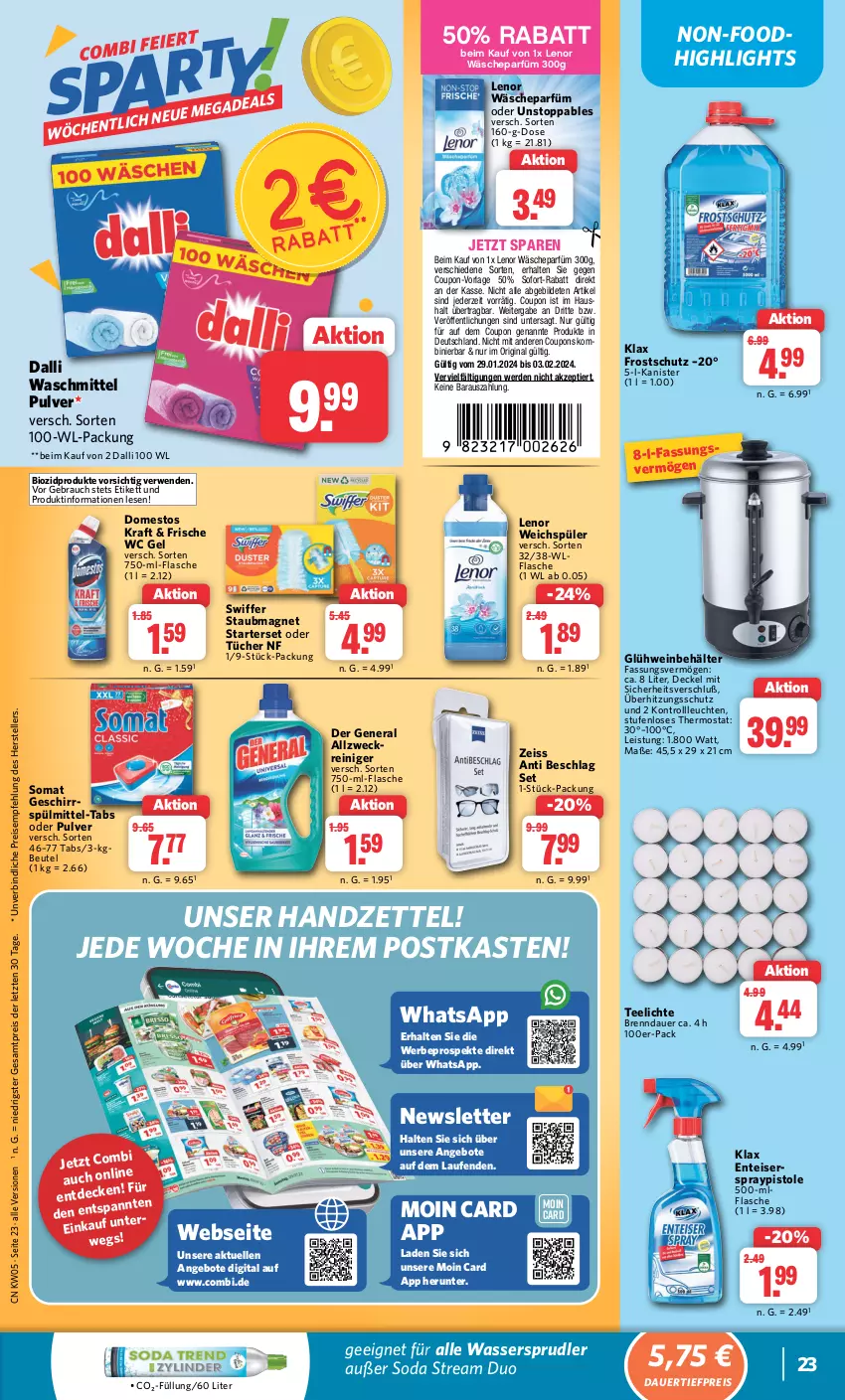 Aktueller Prospekt Combi - Prospekte - von 29.01 bis 03.02.2024 - strona 23 - produkty: angebot, angebote, auer, Behälter, beutel, bio, biozidprodukte, coupon, coupons, dalli, dauertiefpreis, decke, Deckel, domestos, eis, elle, ente, erde, flasche, geschirr, gin, Glühwein, kraft, Laufen, lenor, lenor weichspüler, Leuchte, leuchten, Rauch, reiniger, reis, rwe, Soda, sofort-rabatt, somat, spülmittel, staubmagnet, swiffer, tee, Teelicht, teelichte, teller, thermostat, Ti, tiefpreis, tücher, überhitzungsschutz, wäscheparfüm, waschmittel, wasser, wassersprudler, weck, weichspüler, wein, ZTE