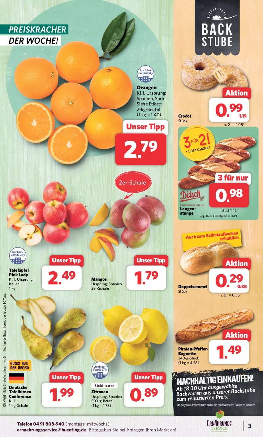 Aktueller Prospekt Combi - Prospekte - von 29.01 bis 03.02.2024 - strona 3 - produkty: angebot, angebote, baguette, beutel, Birnen, eis, kracher, Laugenstange, mango, mangos, orange, orangen, pfeffer, Pink Lady, reis, Schal, Schale, Semmel, stube, tafeläpfel, tafelbirnen, telefon, Ti, uhr, zitrone, zitronen, ZTE