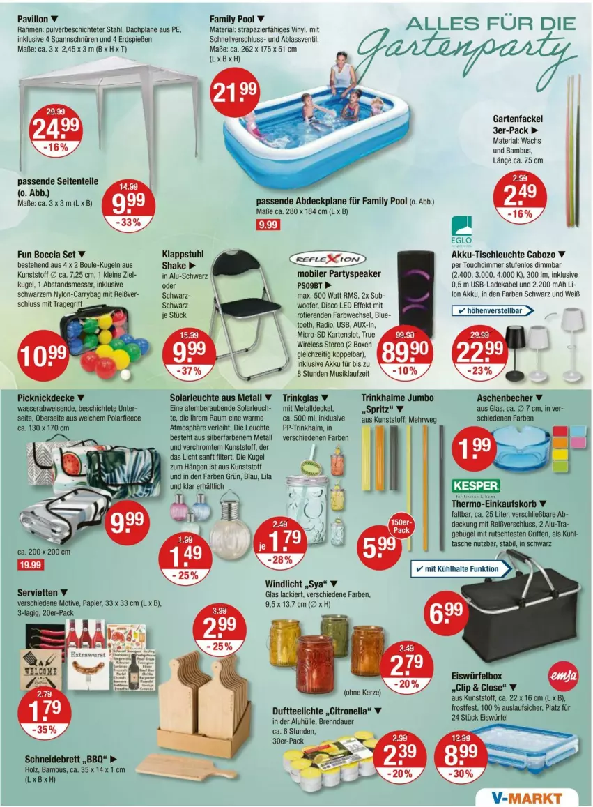 Aktueller Prospekt Vmarkt - Prospekte - von 12.06 bis 18.06.2025 - strona 17 - produkty: abdeckplane, akku, auer, bambus, Becher, bügel, Carrybag, decke, Deckel, deka, dimmer, Duftteelichte, einkaufskorb, eis, eiswürfel, ente, family pool, Garten, Gartenfackel, Holz, HP, jumbo, kerze, klappstuhl, korb, Kugel, lack, ladekabel, leine, Leuchte, messer, papier, pavillon, picknickdecke, pool, Radio, rel, Ria, rwe, schneidebrett, Serviette, servietten, shake, solarleuchte, stuhl, Tasche, tee, Teelicht, teelichte, Ti, Tiere, tisch, tischleuchte, tragegriff, trinkglas, usb, wasser, windlicht, würfel