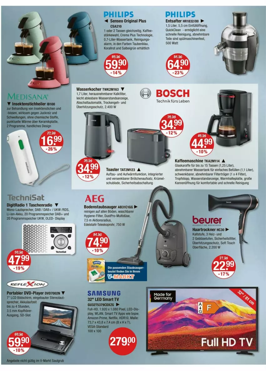 Aktueller Prospekt Vmarkt - Prospekte - von 12.06 bis 18.06.2025 - strona 18 - produkty: aeg, akku, angebot, angebote, auto, Bau, beurer, bodenstaubsauger, bosch, brötchen, brötchenaufsatz, edelstahl, elle, Entsafter, gin, glaskaraffe, haartrockner, isana, K2, kaffee, kaffeemaschine, Karaffe, Kocher, kopfhörer, latte, lion, medisana, netflix, Reinigung, saft, sana, Schal, senseo, smart tv, spülmaschinen, staubsauger, tasse, TechniSat, Teleskop, Ti, toast, toaster, Trockner, überhitzungsschutz, wasser, wasserkocher, wassertank