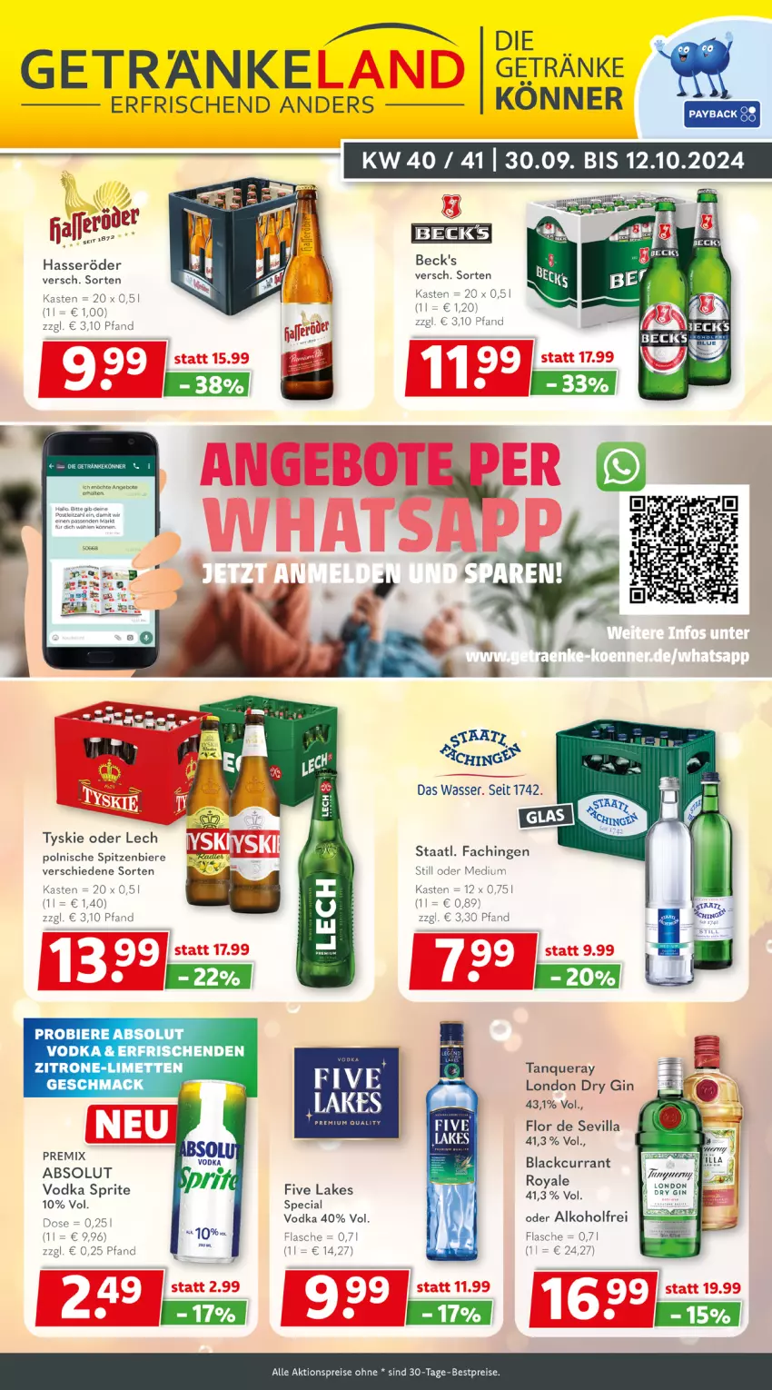 Aktueller Prospekt Getraenkeland - von 30.09 bis 12.10.2024 - strona 1 - produkty: Absolut Vodka, aktionspreis, alkohol, angebot, angebote, beck's, bestpreis, bestpreise, bier, Biere, cin, Currant, dry gin, eis, flasche, getränk, getränke, gin, hasseröder, lack, leitz, limette, limetten, london dry, london dry gin, mac, Mett, metten, reis, sprite, Staatl. Fachingen, Tanqueray, Ti, tyskie, vodka, wasser, zitrone