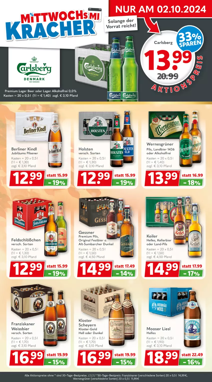 Aktueller Prospekt Getraenkeland - von 30.09 bis 12.10.2024 - strona 2 - produkty: aktionspreis, alkohol, berliner, berliner kindl, bestpreis, bestpreise, bier, carlsberg, eis, elle, franziskaner, Gessner, gin, holsten, Jubiläums, kellerbier, pils, pilsener, premium pils, reis, Ti, weissbier