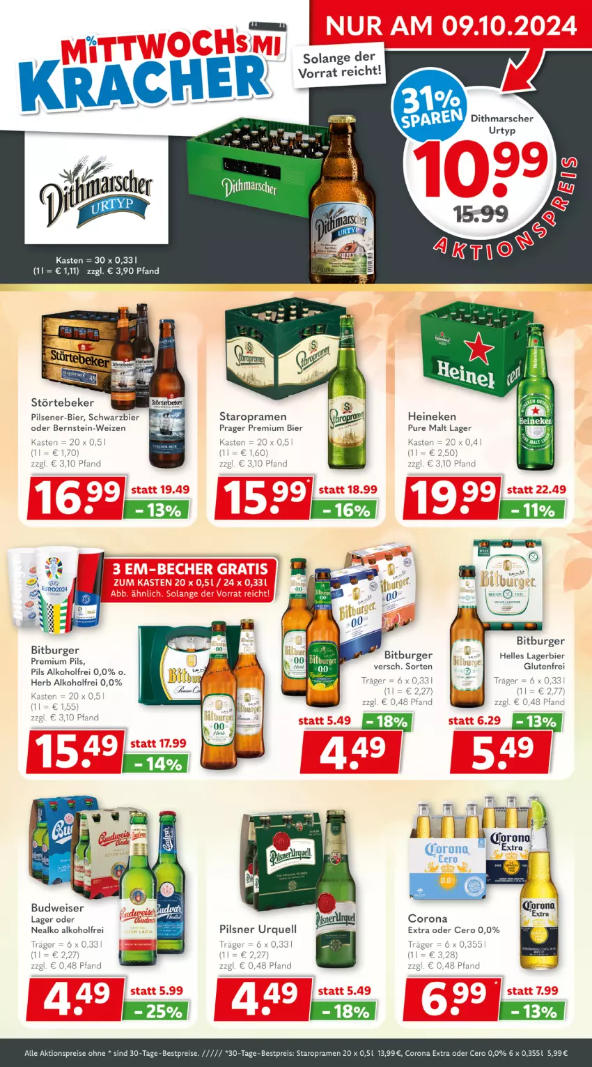 Aktueller Prospekt Getraenkeland - von 30.09 bis 12.10.2024 - strona 3 - produkty: aktionspreis, alkohol, bestpreis, bestpreise, bier, bitburger, budweiser, burger, corona, corona extra, eis, elle, heineken, Lagerbier, mars, pils, pilsener, pilsner, pilsner urquell, premium pils, reis, Staropramen, Ti, urtyp