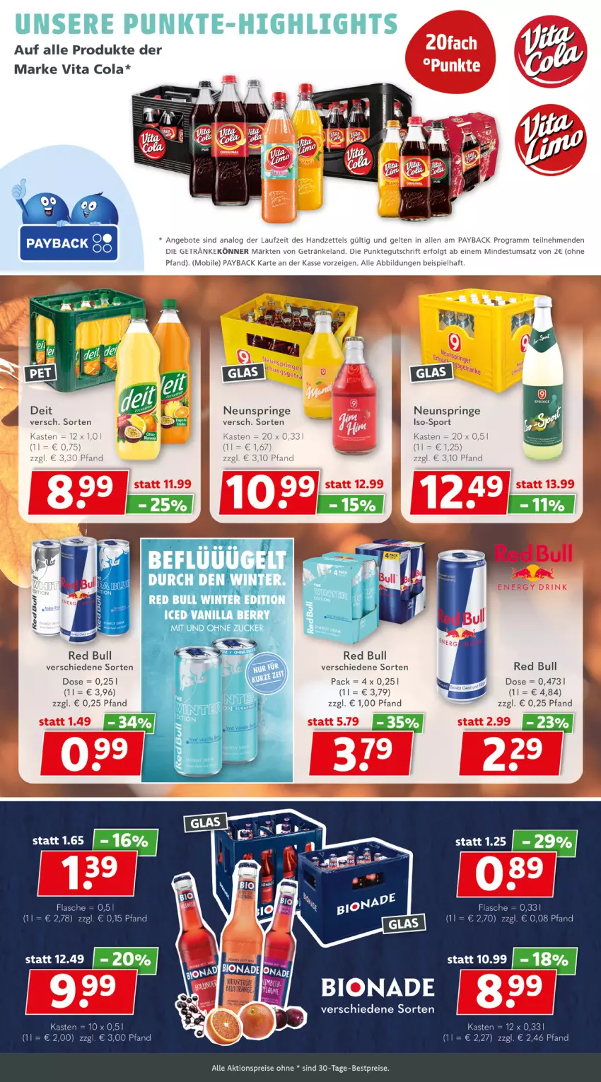 Aktueller Prospekt Getraenkeland - von 30.09 bis 12.10.2024 - strona 4 - produkty: aktionspreis, angebot, angebote, bestpreis, bestpreise, cola, eis, Elan, flasche, getränk, getränke, LG, payback, red bull, reis, ring, Sport, Ti, vita, Vita C