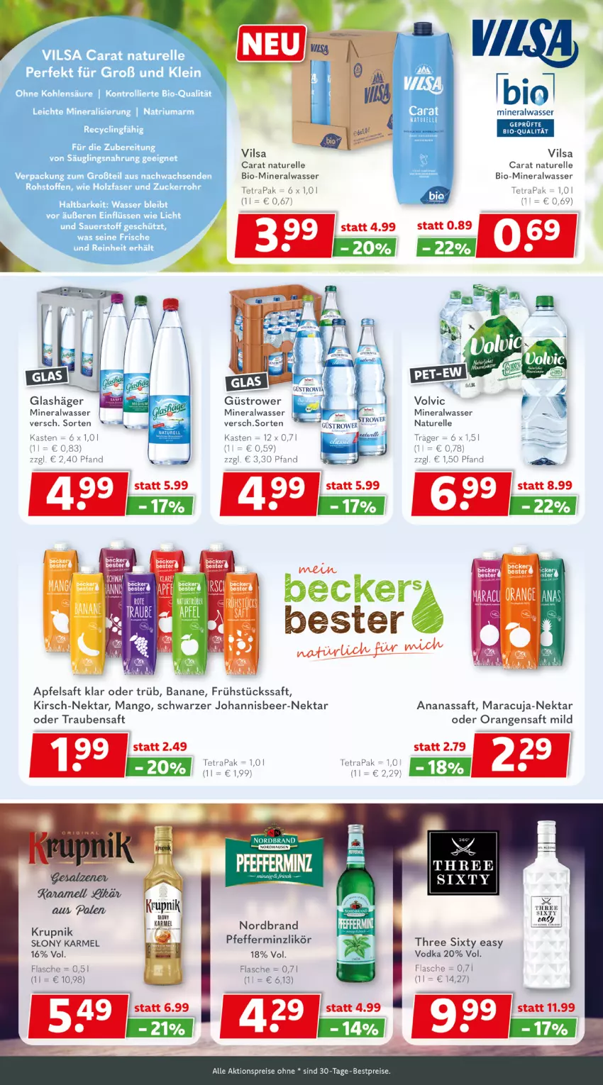 Aktueller Prospekt Getraenkeland - von 30.09 bis 12.10.2024 - strona 5 - produkty: aktionspreis, Alwa, ananas, apfel, apfelsaft, banane, bestpreis, bestpreise, bio, eis, elle, flasche, kirsch, likör, mango, maracuja, mineralwasser, natur, Nektar, nordbrand, orange, orangen, orangensaft, pfeffer, pfefferminzlikör, reis, rel, saft, Schwarzer Johannisbeer-Nektar, Three Sixty, Ti, trauben, Traubensaft, vilsa, vodka, volvic, wasser