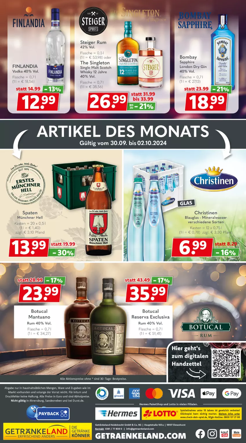 Aktueller Prospekt Getraenkeland - von 30.09 bis 12.10.2024 - strona 6 - produkty: abholpreise, aktionspreis, Alwa, bestpreis, bestpreise, dry gin, eis, Elan, flasche, getränk, getränke, gin, london dry, london dry gin, mac, mineralwasser, payback, reis, rum, sapphire, scotch, single malt, Spaten, Ti, tuc, vodka, wasser, whisky