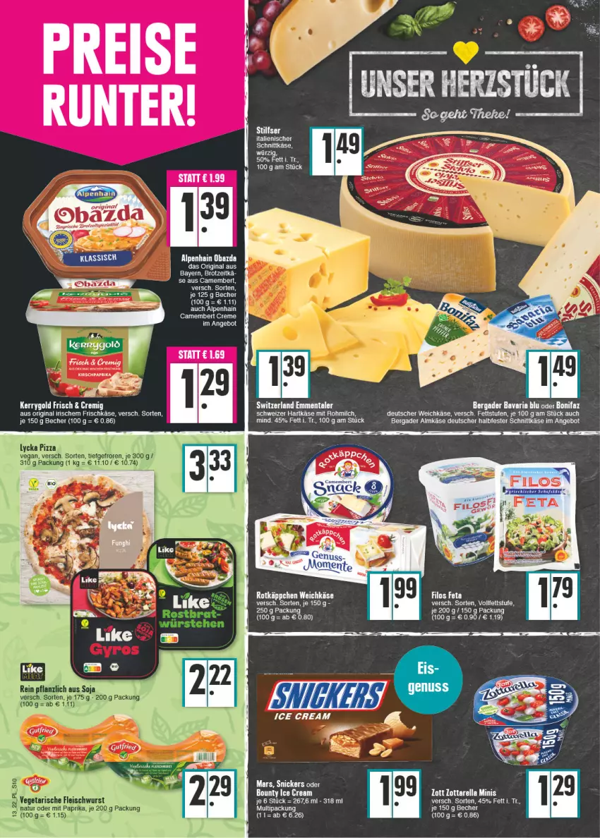 Aktueller Prospekt E Center - Angebote der Woche - von 28.03 bis 02.04.2022 - strona 10 - produkty: almkäse, Alpenhain, angebot, bavaria blu, Becher, bergader, brot, camembert, camembert creme, creme, deutscher weichkäse, eis, emmentaler, fleisch, fleischwurst, frischkäse, gin, halbfester schnittkäse, hartkäse, Käse, kerrygold, mars, milch, mit paprika, natur, obazda, paprika, pizza, Ria, rotkäppchen, schnittkäse, schweizer hartkäse, snickers, soja, Spezi, Ti, Vegeta, venda, weichkäse, wurst