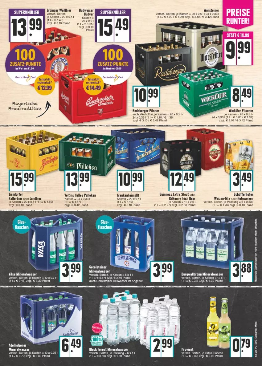 Aktueller Prospekt E Center - Angebote der Woche - von 28.03 bis 02.04.2022 - strona 9 - produkty: adelholzener, alkohol, Alwa, angebot, bier, budweiser, eis, elle, erdinger, flasche, gerolsteine, gerolsteiner, getränk, getränke, Guinness, Hefe, hefeweizen, Holz, kellerbier, Kilkenny, lack, mineralwasser, pils, pilsener, Proviant, schöfferhofer, steiner, Ti, veltins, vilsa, warsteiner, wasser, WICK