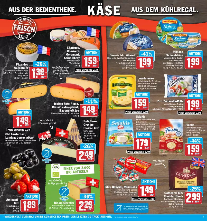 Aktueller Prospekt Hit - Prospekte - von 15.05 bis 20.05.2023 - strona 3 - produkty: albray, antipasti, appenzeller, asti, auer, aus dem kühlregal, babybel, Bau, Bauer, bavaria blu, bergader, bio, chaumes, chavroux, cheddar, eis, elle, feta, finello, französischer weichkäse, frischkäse, géramont, hartkäse, Käse, kühlregal, leerdammer, mac, milch, milka, milkana, mini babybel, natur, niederländischer schnittkäse, Old Amsterdam, regal, reis, rel, Ria, rind, saint albray, salakis, Schal, Schale, Schmelzkäse, schnittkäse, schweizer schnittkäse, Ti, weichkäse, zott, zottarella, ZTE