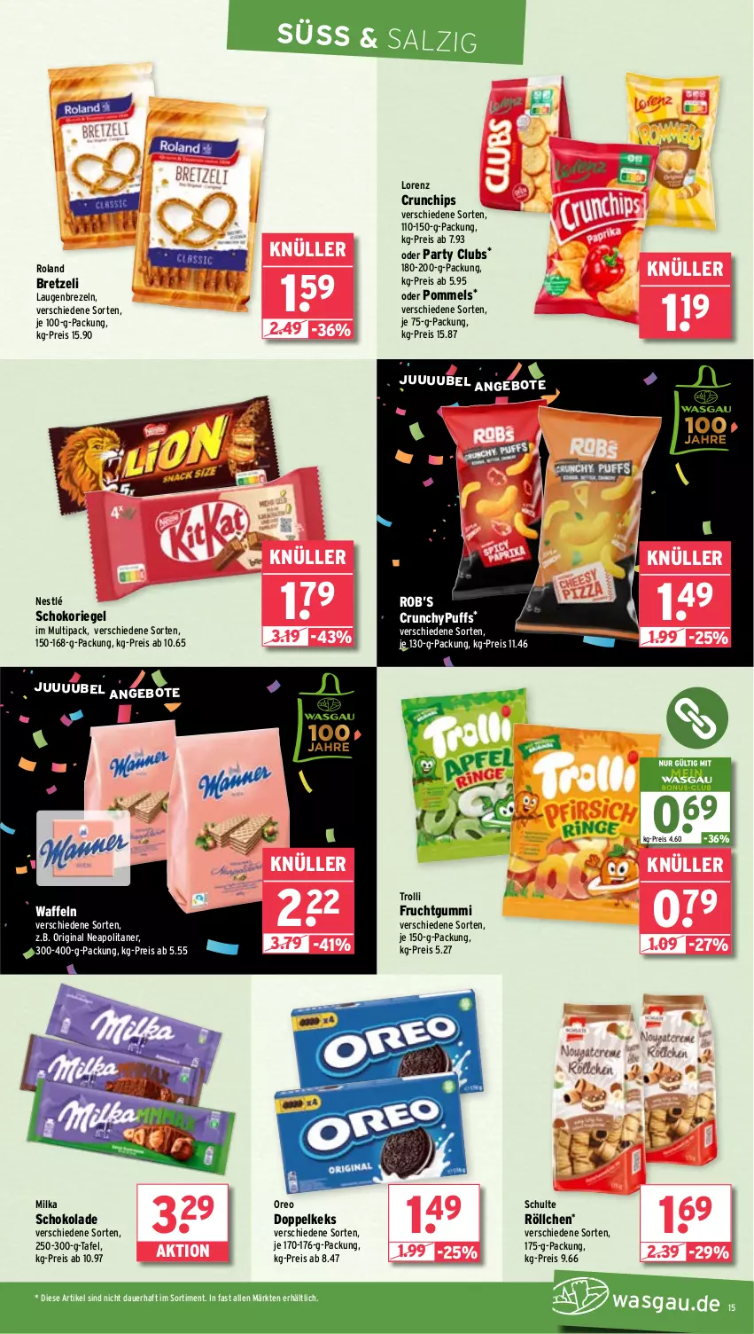 Aktueller Prospekt Wasgau - von 23.06 bis 28.06.2025 - strona 15 - produkty: angebot, angebote, auer, brezel, Brezeln, chips, crunchips, eis, frucht, fruchtgummi, gin, keks, Laugenbrezel, lorenz, lorenz crunchips, milka, milka schokolade, nestlé, oreo, Pommels, reis, riegel, salz, schoko, schokolade, schokoriegel, Ti, trolli, trolli fruchtgummi, waffeln