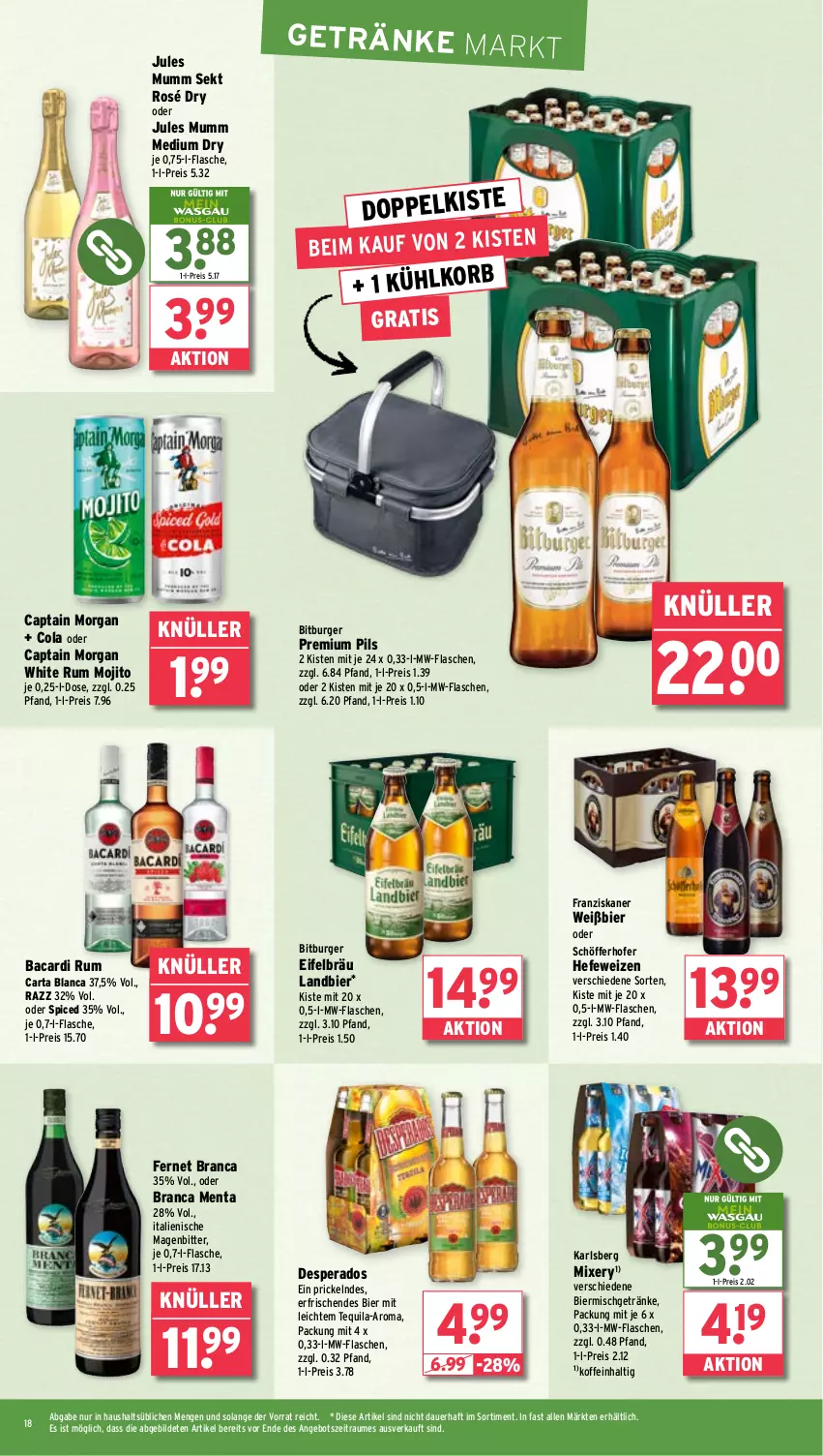 Aktueller Prospekt Wasgau - von 23.06 bis 28.06.2025 - strona 18 - produkty: angebot, auer, bacardi, bacardi rum, bier, bitburger, burger, Cap, captain morgan, cola, desperados, eis, Fernet, fernet branca, flasche, franziskaner, getränk, getränke, Hefe, hefeweizen, jules mumm, karlsberg, karlsberg mixery, korb, Mixer, mixery, mojito, mumm, mw-flasche, pils, premium pils, reis, rum, schöfferhofer, sekt, tequila, Ti, white rum