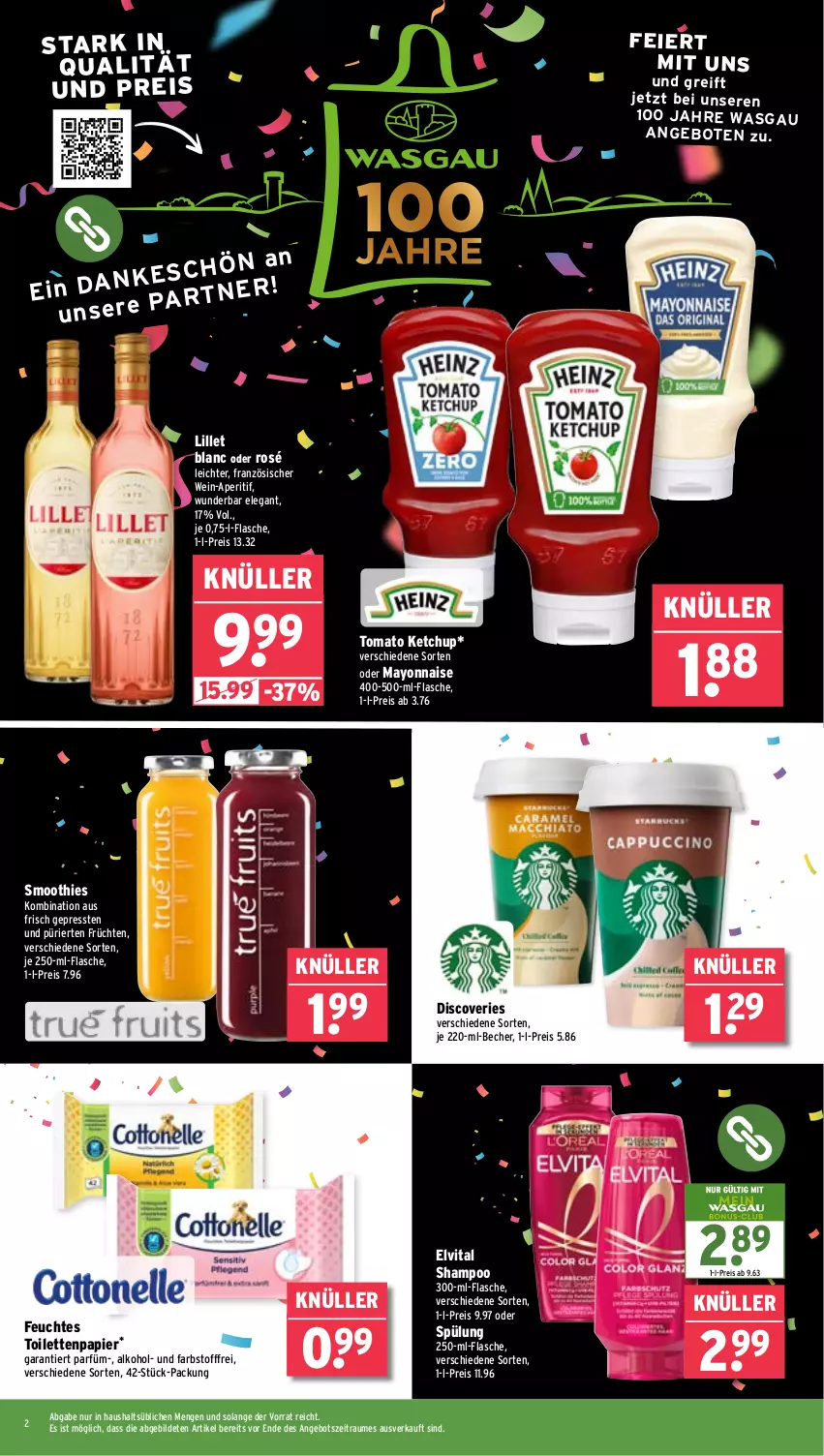 Aktueller Prospekt Wasgau - von 23.06 bis 28.06.2025 - strona 2 - produkty: alkohol, angebot, angebote, aperitif, Becher, eier, eis, elvital, feuchtes toilettenpapier, flasche, früchte, früchten, ketchup, lillet, mayonnaise, papier, reis, shampoo, smoothie, smoothies, spülung, Ti, toilettenpapier, tomato ketchup, vita, wein, Yo