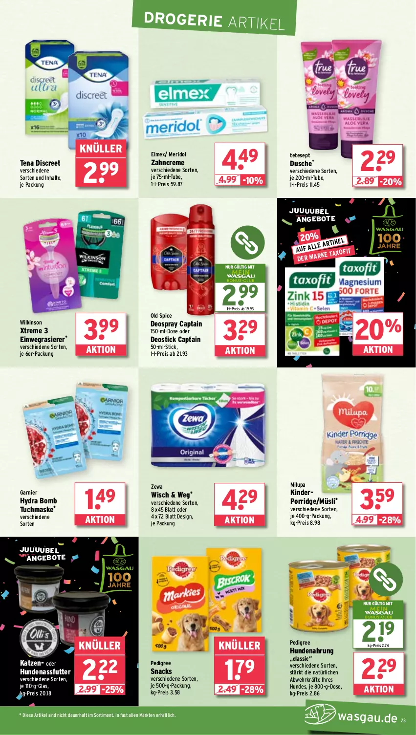 Aktueller Prospekt Wasgau - von 23.06 bis 28.06.2025 - strona 23 - produkty: angebot, angebote, auer, Cap, creme, deo, deospray, Deostick, Discreet, dusche, einwegrasierer, eis, elmex, garnier, hundenahrung, Kinder, Maske, meridol, milupa, müsli, nassfutter, Old Spice, pedigree, porridge, rasierer, reis, snack, snacks, Ti, tuc, tuchmaske, wilkinson, zahncreme, zewa