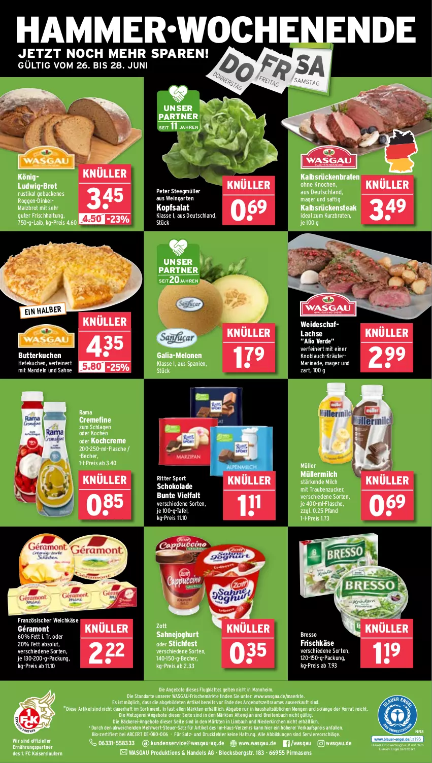 Aktueller Prospekt Wasgau - von 23.06 bis 28.06.2025 - strona 26 - produkty: angebot, angebote, auer, Becher, bio, braten, Brei, bresso, brot, butter, creme, drucker, eis, elle, Engel, erde, flasche, französischer weichkäse, frischkäse, Galia-melone, Garten, geback, géramont, Hefe, joghur, joghurt, Kaiser, Käse, kerze, knoblauch, Kochcreme, kopfsalat, kräuter, kuchen, lachs, latte, malz, mandel, mandeln, marinade, melone, melonen, milch, Müller, müllermilch, rama, rama cremefine, reis, ritter, ritter sport, Rückenbraten, Rückensteak, rwe, saft, sahne, Sahnejoghurt, salat, schoko, schokolade, Sport, steak, tee, Ti, trauben, weichkäse, wein, zott, zucker