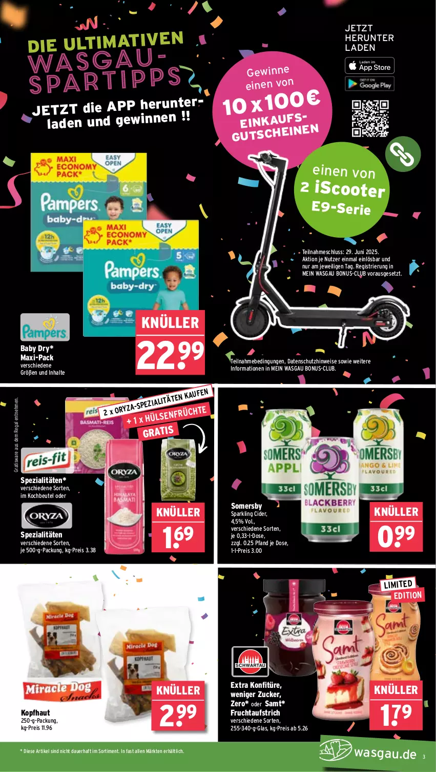 Aktueller Prospekt Wasgau - von 23.06 bis 28.06.2025 - strona 3 - produkty: auer, aufstrich, beutel, cider, eis, frucht, fruchtaufstrich, kochbeutel, konfitüre, regal, reis, scooter, senf, somersby, spartipp, Spezi, Ti, zucker