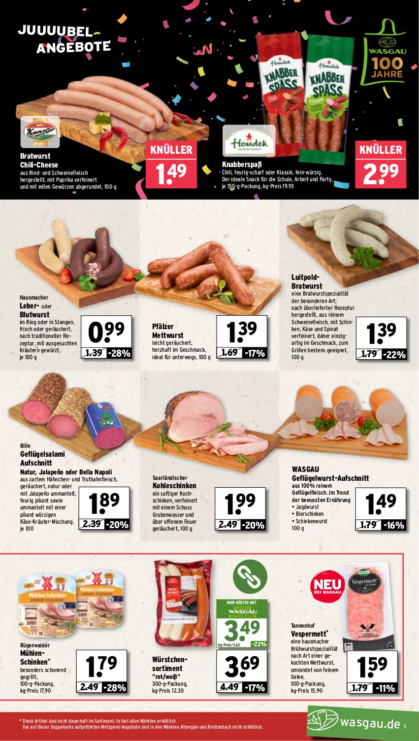 Aktueller Prospekt Wasgau - von 23.06 bis 28.06.2025 - strona 5 - produkty: angebot, angebote, auer, aufschnitt, bier, bierschinken, bratwurst, Brei, Brühwurst, chili, eis, elle, fleisch, Geflügel, gelee, gewürz, grill, Hausmacher, jagdwurst, jalapeño, Käse, kochschinken, kräuter, kräutern, mac, Mantel, Mett, mettwurst, mit paprika, natur, paprika, reis, rezept, rind, ring, rügenwalder, rügenwalder mühle, rwe, saft, salami, schinken, schinkenwurst, schwein, schweine, schweinefleisch, snack, Spezi, spinat, Ti, truthahn, wasser, wein, weine, wurst, würstchen