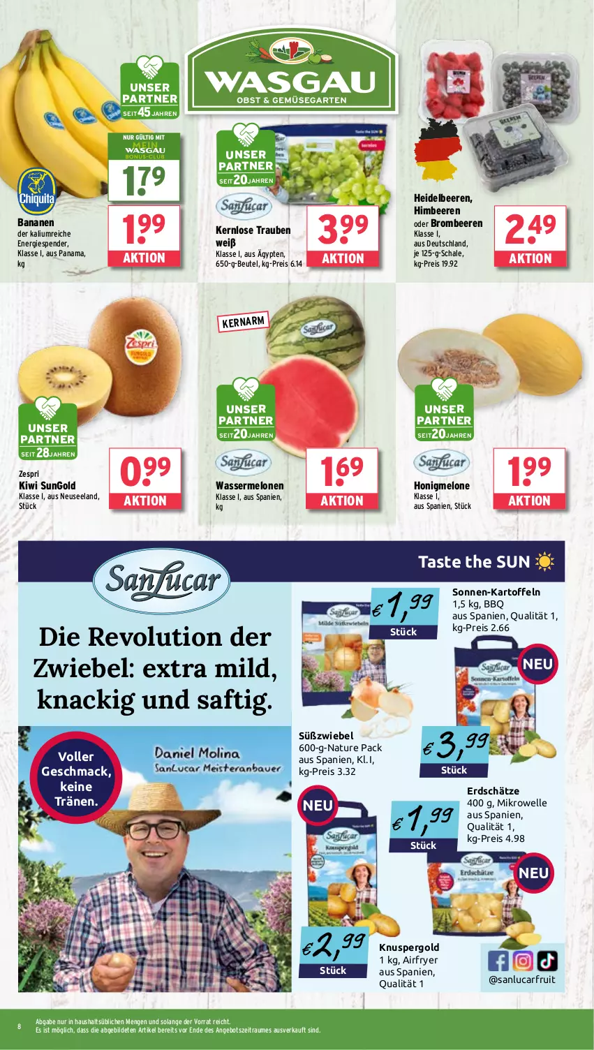Aktueller Prospekt Wasgau - von 23.06 bis 28.06.2025 - strona 8 - produkty: Airfryer, angebot, banane, bananen, beere, beeren, beutel, brombeere, brombeeren, eis, Elan, elle, heidelbeere, heidelbeeren, himbeer, himbeere, himbeeren, honig, honigmelone, kartoffel, kartoffeln, kiwi, mac, melone, melonen, mikrowelle, natur, reis, saft, Schal, Schale, Ti, trauben, wasser, wassermelone, wassermelonen, zespri, zwiebel