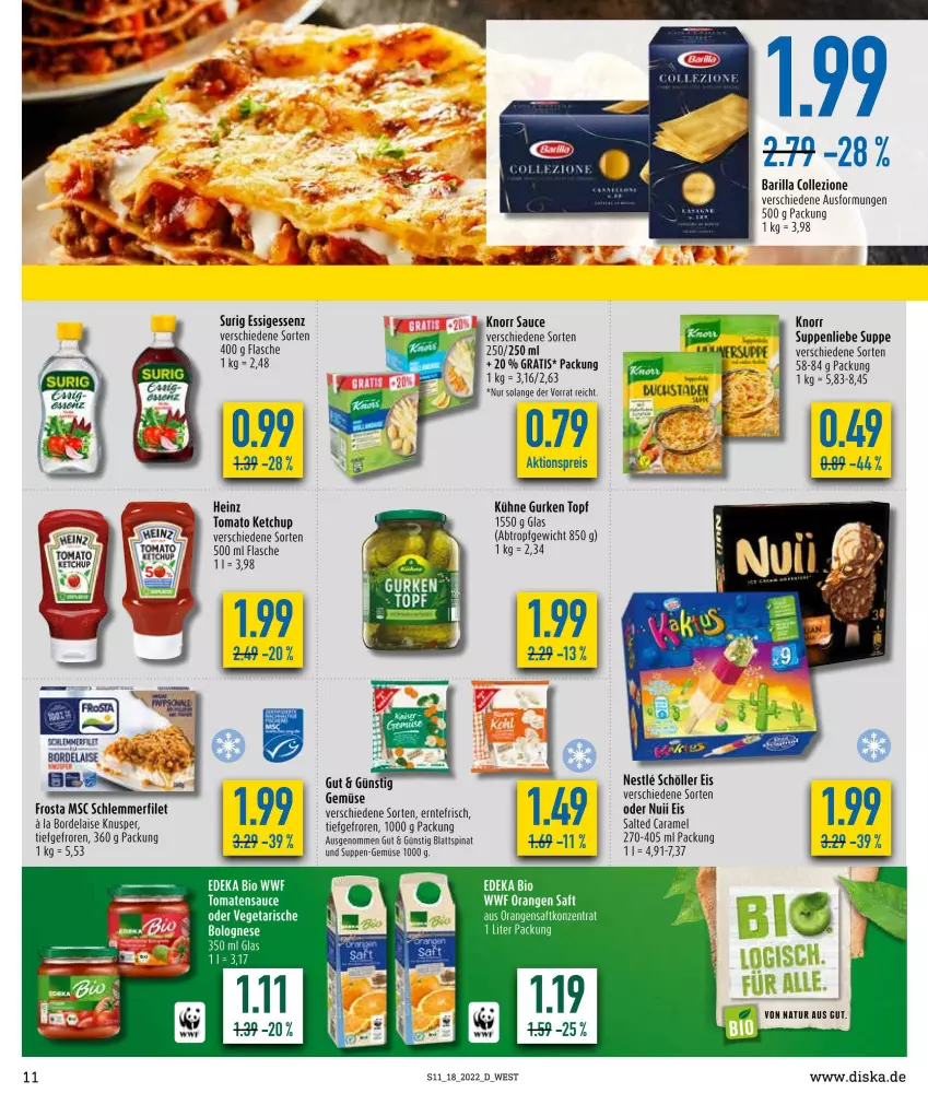 Aktueller Prospekt Diska - Prospekte - von 02.05 bis 07.05.2022 - strona 11 - produkty: aktionspreis, barilla, bio, blattspinat, bolognese, bordelaise, caramel, deka, edeka bio, eis, essig, filet, flasche, frosta, gurke, gurken, heinz, ketchup, knorr, Kühne, LG, natur, nuii, reis, sauce, schlemmerfilet, Schöller, spinat, suppe, suppen, suppenliebe, Ti, tomate, tomaten, tomatensauce, tomato ketchup, topf, Vegeta