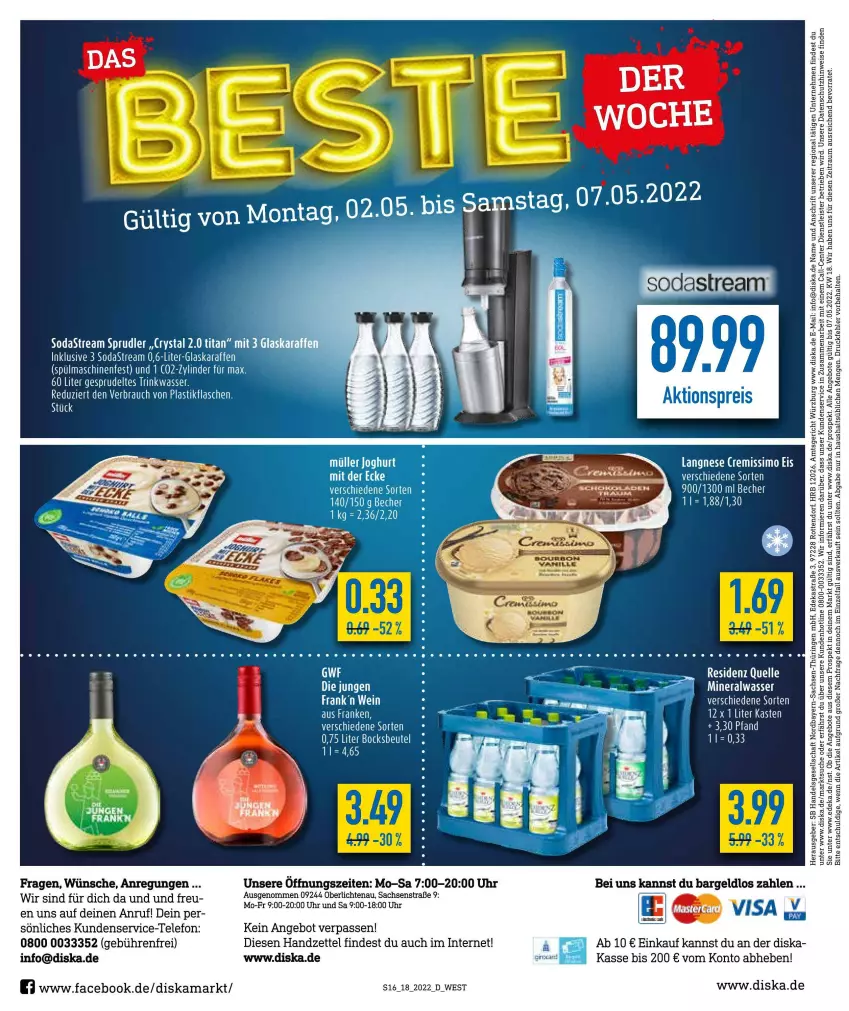 Aktueller Prospekt Diska - Prospekte - von 02.05 bis 07.05.2022 - strona 16 - produkty: aldi, angebot, angebote, Astra, bett, beutel, deka, eis, elle, ente, glaskaraffe, gurke, gurken, Karaffe, ring, sac, Soda, sodastream, Sprudel, spülmaschinen, telefon, Ti, uhr, wasser