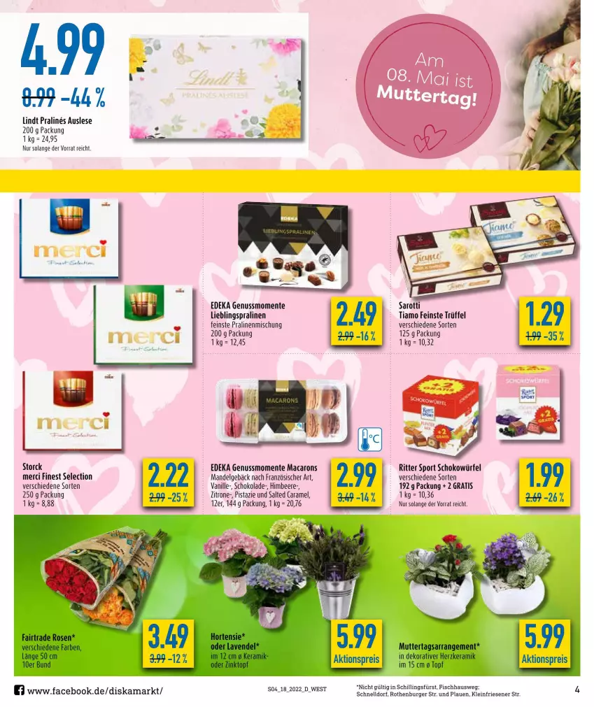 Aktueller Prospekt Diska - Prospekte - von 02.05 bis 07.05.2022 - strona 4 - produkty: beere, burger, caramel, deka, ente, fisch, gin, himbeer, himbeere, hortensie, lavendel, LG, lindt, mac, Macarons, mandel, merci, nuss, pralinen, ritter, ritter sport, rosen, saro, sarotti, schoko, schokolade, schokowürfel, Sport, storck, Ti, topf, Trüffel, vanille, würfel