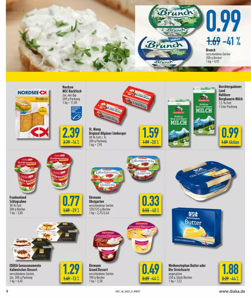 Aktueller Prospekt Diska - Prospekte - von 02.05 bis 07.05.2022 - strona 9 - produkty: auer, backfisch, Bau, Bauer, Becher, burger, butter, deka, dessert, ehrmann, ente, fisch, Garten, gin, Italienisches Dessert, LG, Limburger, milch, Nordsee, nuss, obst, obstgarten, sahne, salz, schlagsahne, St. Mang, Streichzart, Ti, weihenstephan