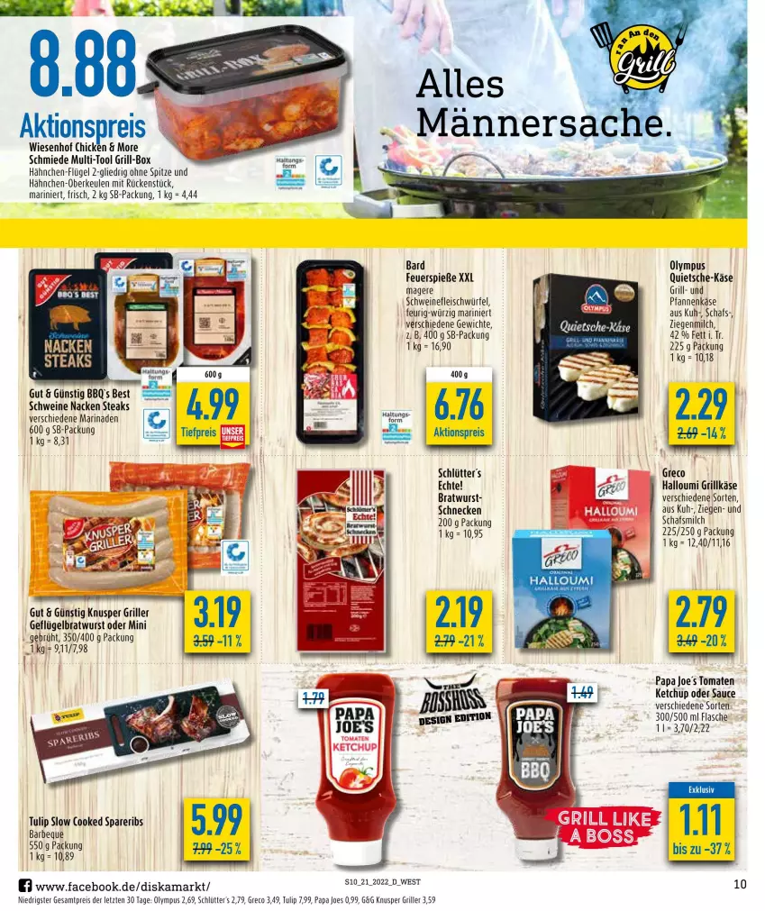 Aktueller Prospekt Diska - Prospekte - von 23.05 bis 28.05.2022 - strona 10 - produkty: aktionspreis, bratwurst, eis, flasche, fleisch, Geflügel, grill, Grillkäse, Hähnchen-Oberkeulen, Halloumi, Käse, ketchup, marinade, milch, pfanne, pfannen, pfannenkäse, reis, sauce, schwein, schweine, schweinefleisch, spareribs, steak, steaks, Ti, tomate, tomaten, tomaten ketchup, tulip, wein, weine, wiesenhof, würfel, wurst, ZTE