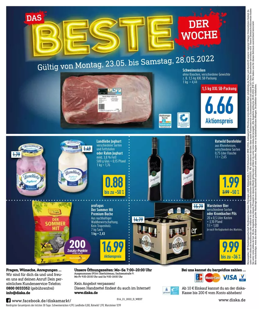 Aktueller Prospekt Diska - Prospekte - von 23.05 bis 28.05.2022 - strona 16 - produkty: angebot, angebote, Astra, bier, deka, eis, ente, flasche, Holz, krombache, krombacher, krombacher pils, landliebe, mam, pils, reis, Ria, ring, sac, schwein, schweine, schweinerücken, steiner, telefon, Ti, uhr, warsteiner, wein, weine, Wella, Wild, ZTE