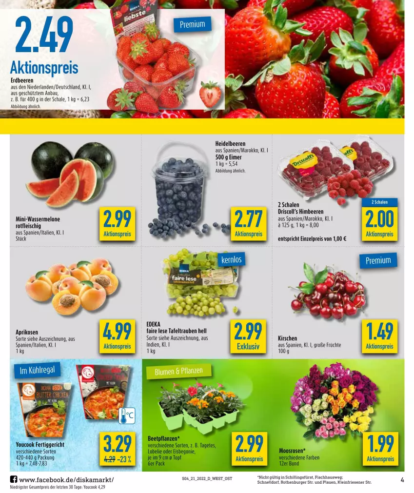 Aktueller Prospekt Diska - Prospekte - von 23.05 bis 28.05.2022 - strona 4 - produkty: aktionspreis, aprikose, aprikosen, Bau, beere, beeren, burger, deka, eimer, eis, erdbeere, erdbeeren, fisch, fleisch, früchte, heidelbeere, heidelbeeren, himbeer, himbeere, himbeeren, kirsch, kirsche, kirschen, melone, reis, Schal, Schale, tafeltrauben, Ti, trauben, wasser, wassermelone, Yo, YouCook, ZTE