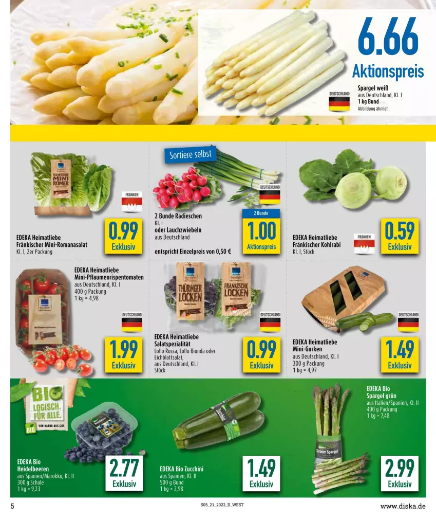 Aktueller Prospekt Diska - Prospekte - von 23.05 bis 28.05.2022 - strona 5 - produkty: aktionspreis, bio, deka, edeka bio, Eichblattsalat, eis, gurke, gurken, kohlrabi, Lauchzwiebel, lauchzwiebeln, mini-gurken, pflaume, pflaumen, radieschen, Rana, reis, rispentomaten, Romanasalat, salat, Schal, Schale, spargel, Spezi, Ti, tomate, tomaten, zucchini, zwiebel, zwiebeln