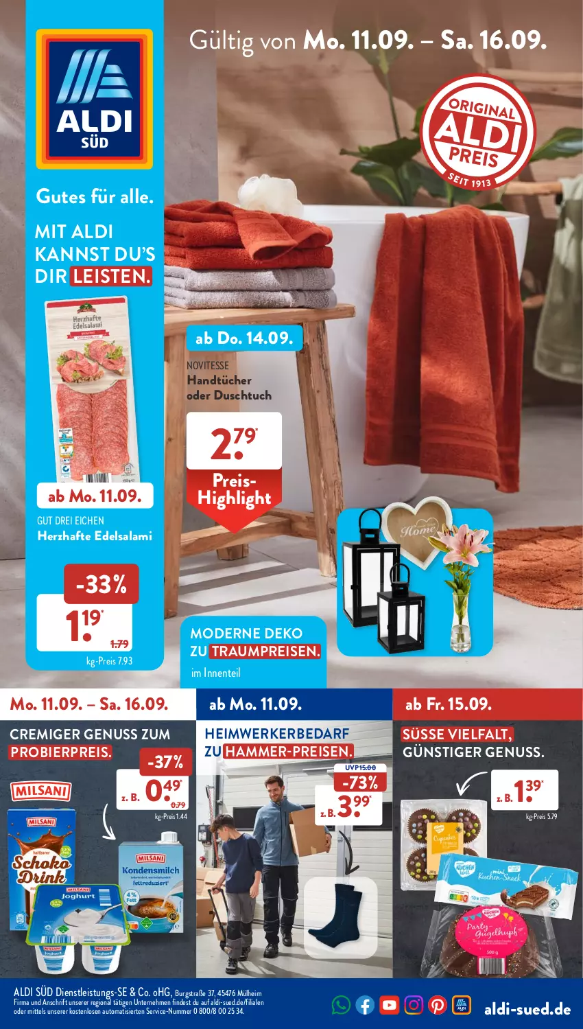 Aktueller Prospekt AldiSud - NÄCHSTE WOCHE - von 11.09 bis 16.09.2023 - strona 1 - produkty: aldi, auto, bier, duschtuch, Edelsalami, eis, ente, hammer-preis, handtücher, Mode, nuss, reis, salami, Ti, tuc, tücher