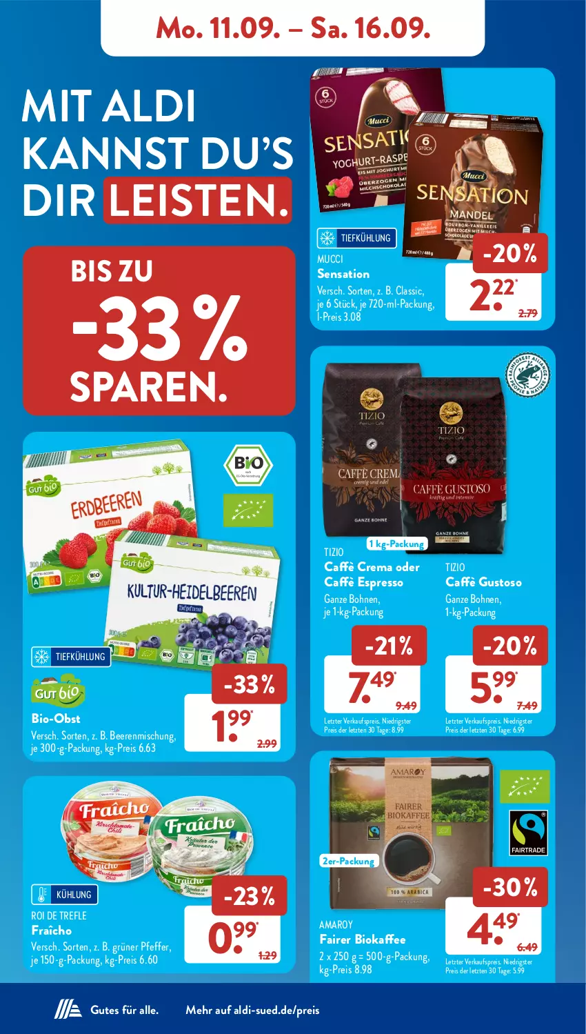 Aktueller Prospekt AldiSud - NÄCHSTE WOCHE - von 11.09 bis 16.09.2023 - strona 10 - produkty: aldi, amaro, beere, beeren, bio, Bio-Obst, bohne, bohnen, caffè crema, eis, espresso, kaffee, obst, pfeffer, reis, Ti, ZTE