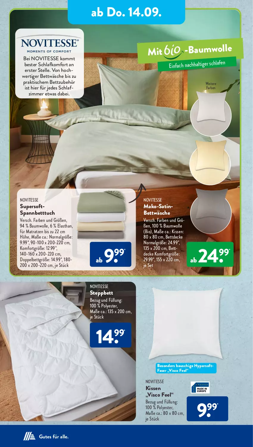 Aktueller Prospekt AldiSud - NÄCHSTE WOCHE - von 11.09 bis 16.09.2023 - strona 24 - produkty: Bau, baumwolle, bett, Betttuch, bettwäsche, bio, decke, elle, kissen, LG, matratze, matratzen, schlafzimmer, spannbetttuch, steppbett, Ti, tisch, tuc, wolle