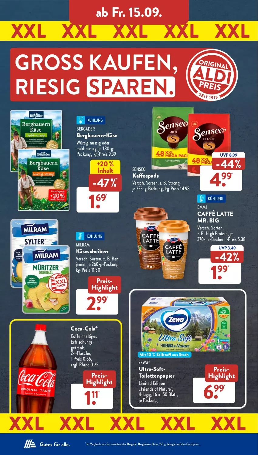 Aktueller Prospekt AldiSud - NÄCHSTE WOCHE - von 11.09 bis 16.09.2023 - strona 31 - produkty: auer, Bau, Bauer, Becher, bergader, caffè latte, coca-cola, cola, eis, emmi, erfrischungsgetränk, flasche, getränk, kaffee, kaffeepads, Käse, käsescheiben, latte, milram, natur, nuss, papier, reis, senseo, Ti, toilettenpapier, zewa