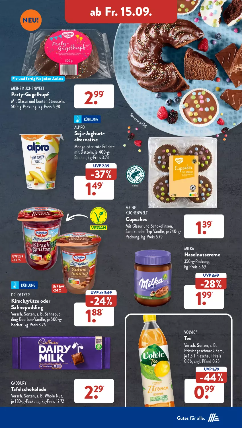 Aktueller Prospekt AldiSud - NÄCHSTE WOCHE - von 11.09 bis 16.09.2023 - strona 36 - produkty: alpro, Becher, bourbon, creme, Datteln, Dr. Oetker, eis, flasche, früchte, grütze, haselnuss, Haselnusscreme, joghur, joghurt, kirsch, Kirschgrütze, kuchen, linsen, mac, mango, milka, nuss, pfirsich, pudding, reis, sahne, schoko, schokolade, Schokolinsen, soja, tafelschokolade, tee, Ti, vanille, volvic