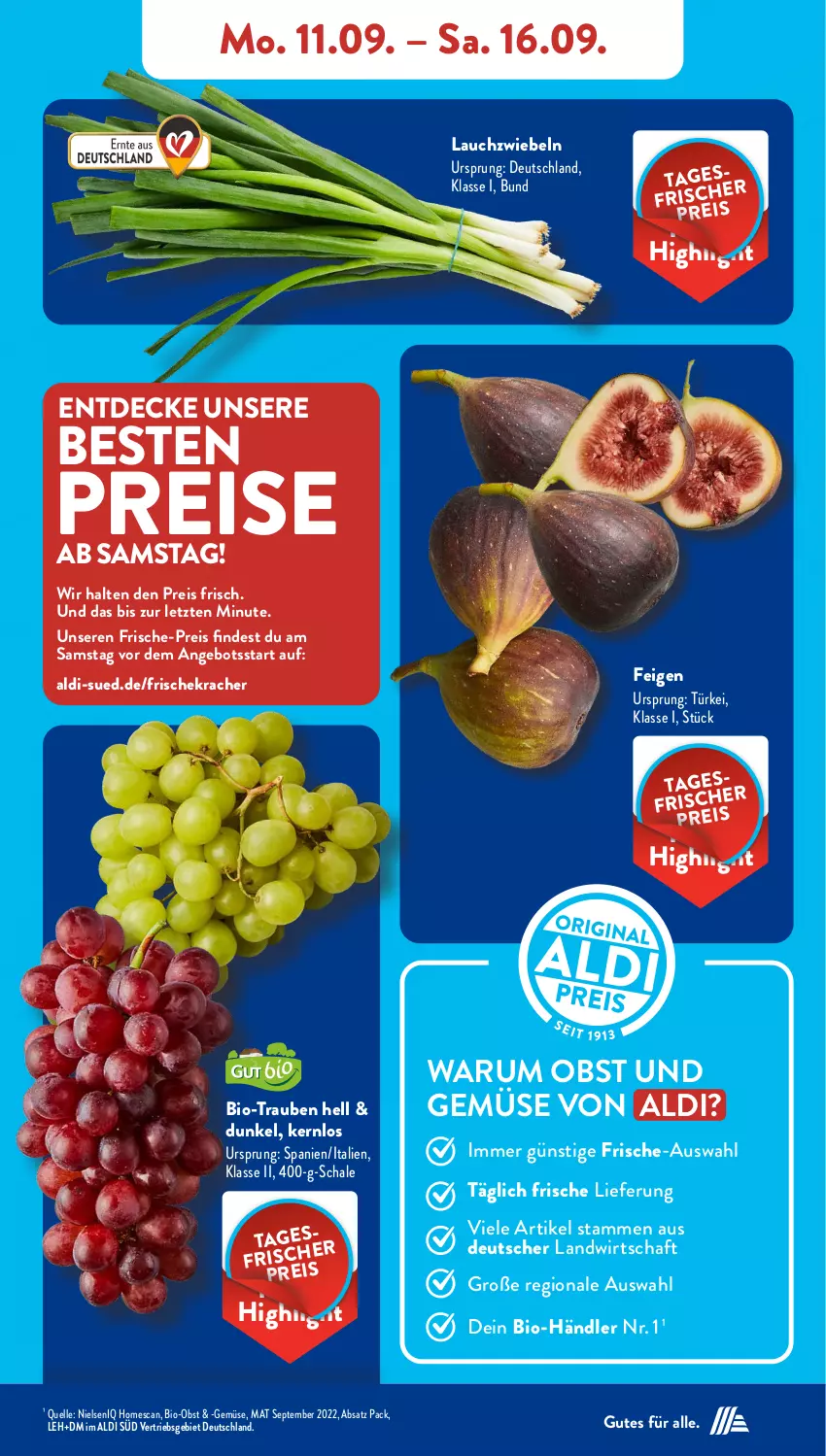 Aktueller Prospekt AldiSud - NÄCHSTE WOCHE - von 11.09 bis 16.09.2023 - strona 5 - produkty: aldi, angebot, bio, Bio-Obst, decke, eis, elle, Feigen, kracher, Lauchzwiebel, lauchzwiebeln, obst, Obst und Gemüse, reis, rum, Schal, Schale, Ti, trauben, und gemüse, ZTE, zwiebel, zwiebeln