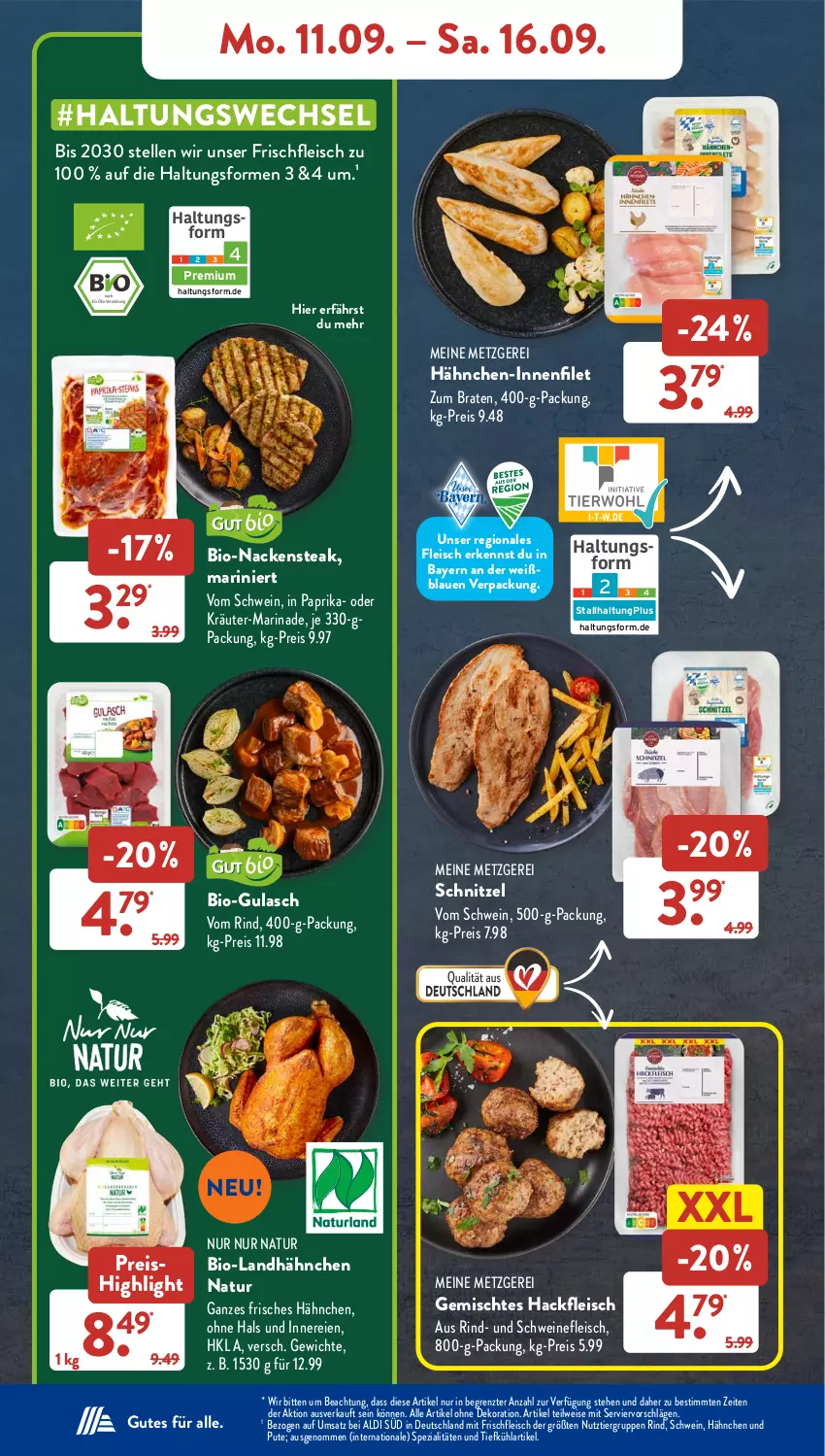 Aktueller Prospekt AldiSud - NÄCHSTE WOCHE - von 11.09 bis 16.09.2023 - strona 6 - produkty: aldi, alle artikel ohne dekoration, bio, braten, dekoration, eis, elle, filet, fleisch, gsw, gulasch, hackfleisch, kräuter, marinade, Nackensteak, natur, oder kräuter, paprika, pute, reis, rind, schnitzel, schwein, schweine, schweinefleisch, Spezi, steak, Ti, wein, weine, ZTE